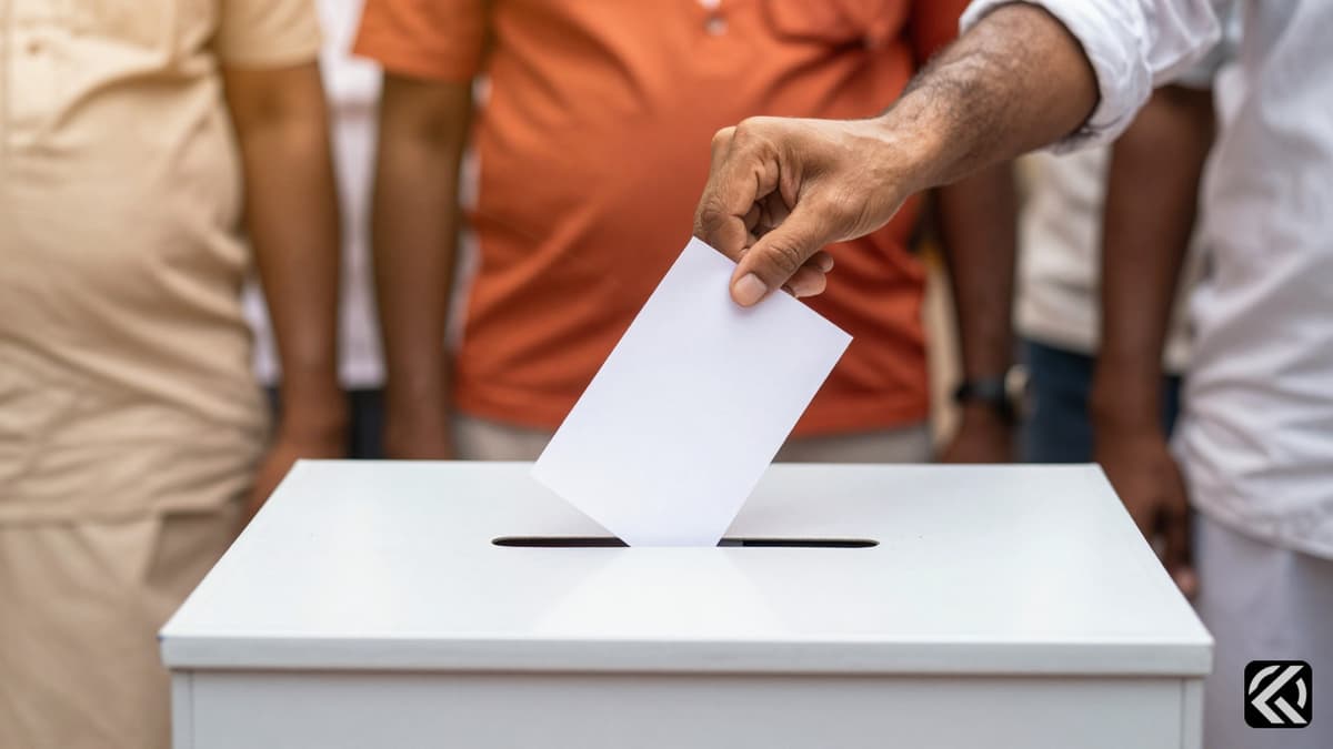 Symbolic image of civic participation with hands casting ballots into a box, representing democratic elections in Tamil Nadu.