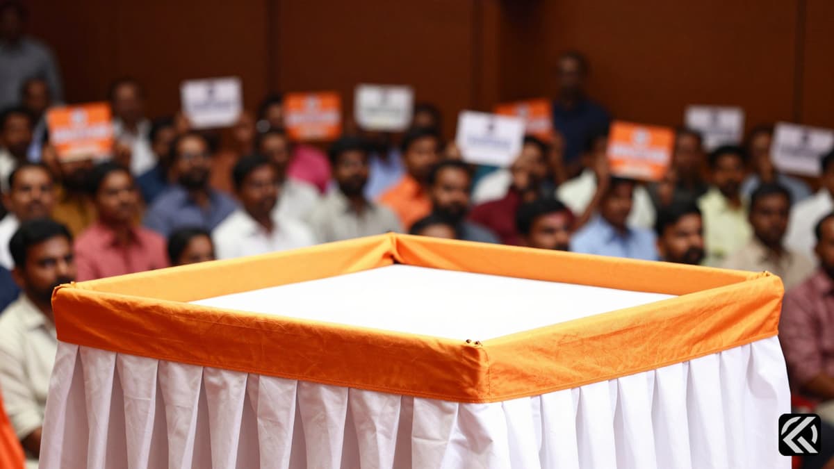 Empty political podium with saffron drapes in a crowded hall representing TVK electoral success.