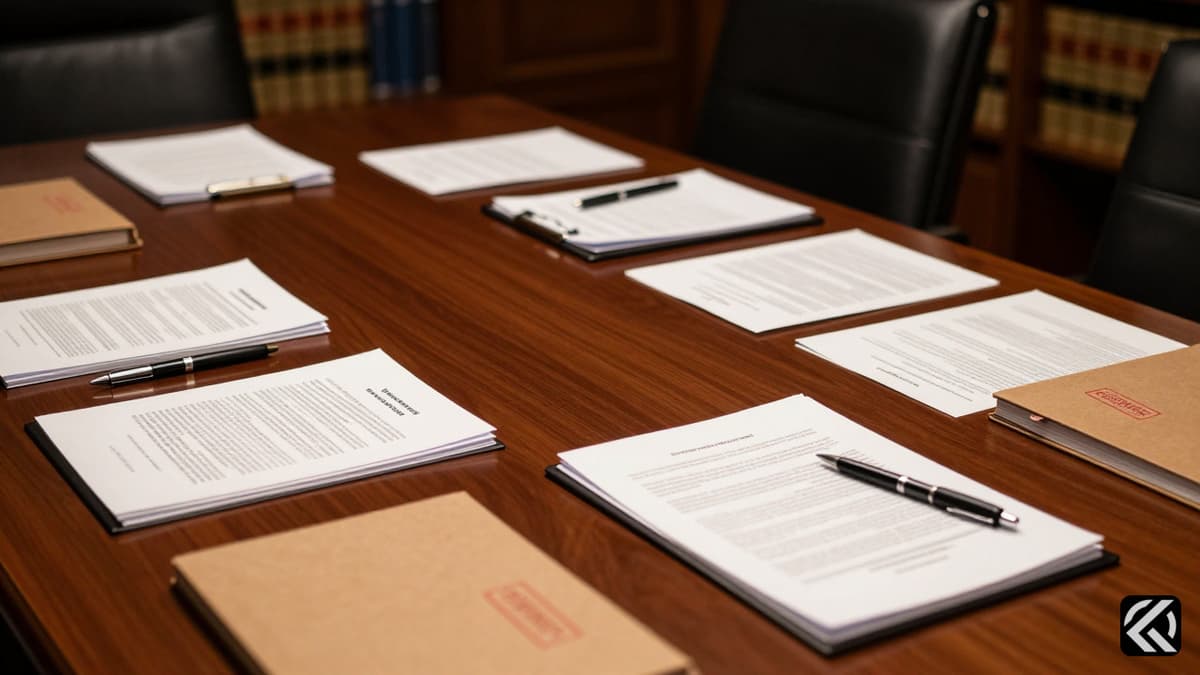 Late night political negotiation table with documents and pens