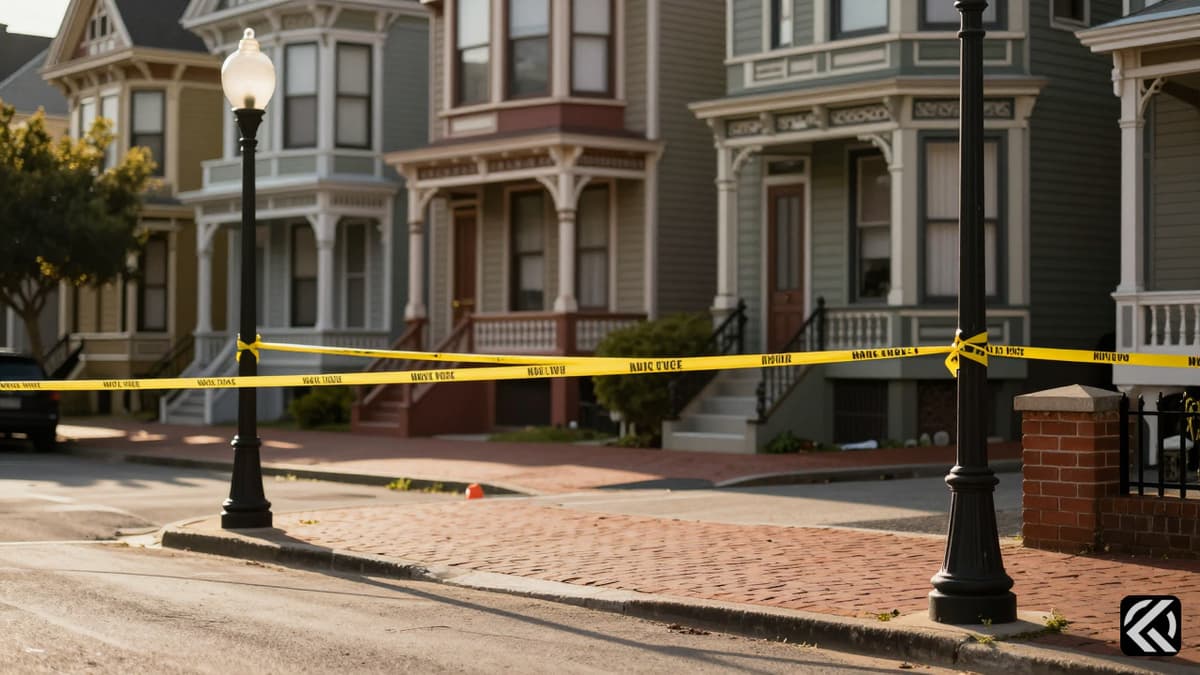Yellow police tape blocks a historic Victorian street corner during late afternoon.