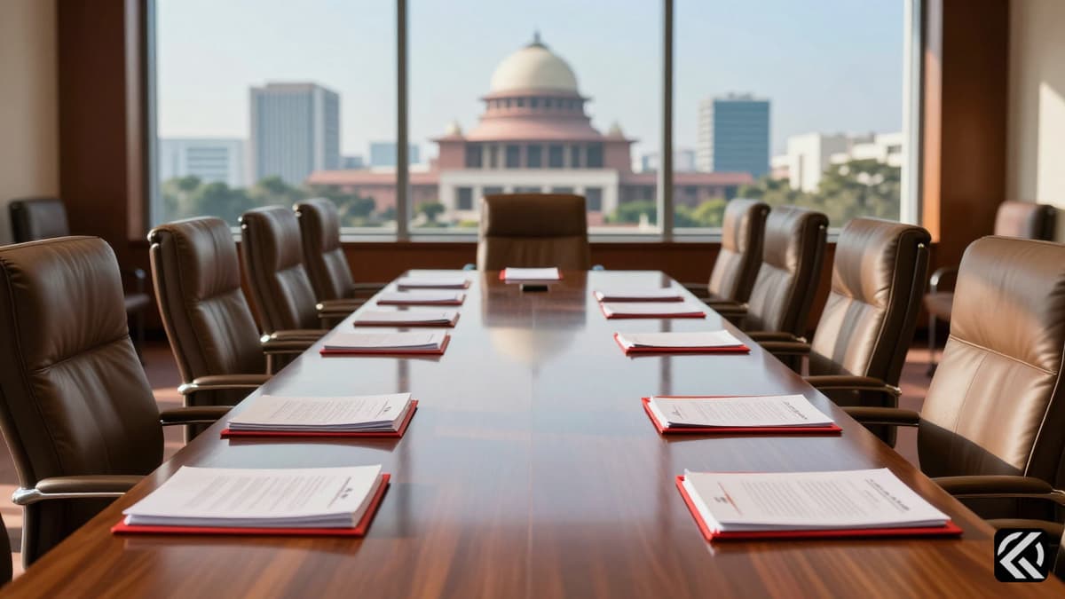 Empty conference table with official documents and Indian emblem symbolizing government policy meetings.
