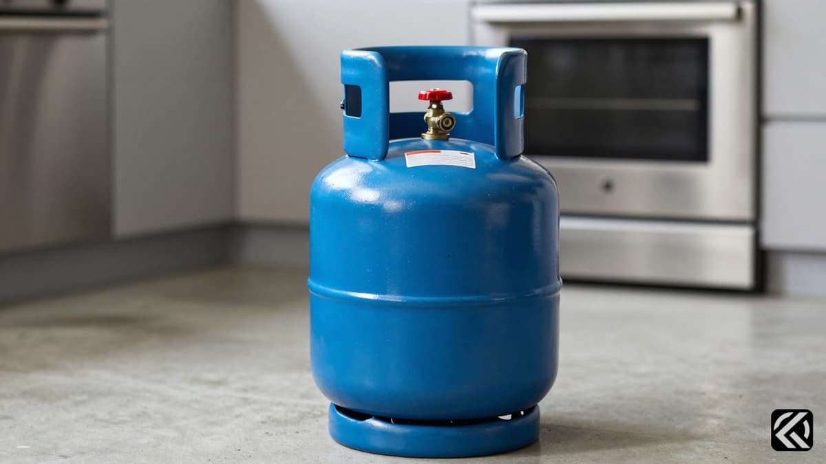 Blue domestic LPG gas cylinder with red valve in a blurred kitchen background