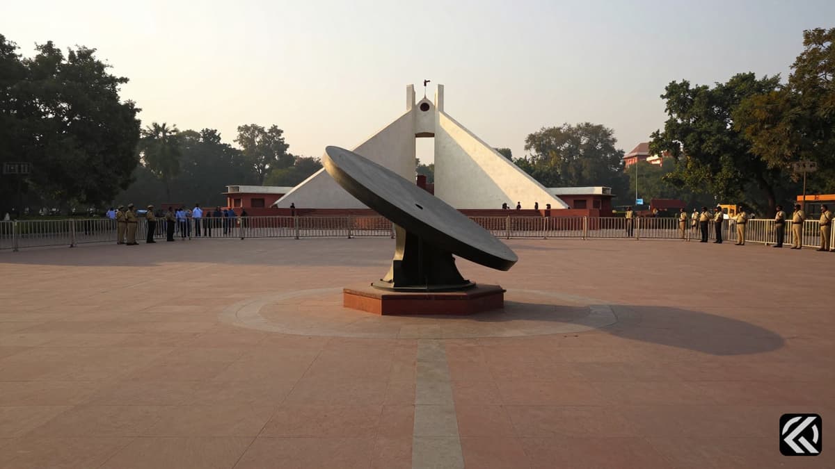 Historic Jantar Mantar instruments under calm surveillance with police presence.