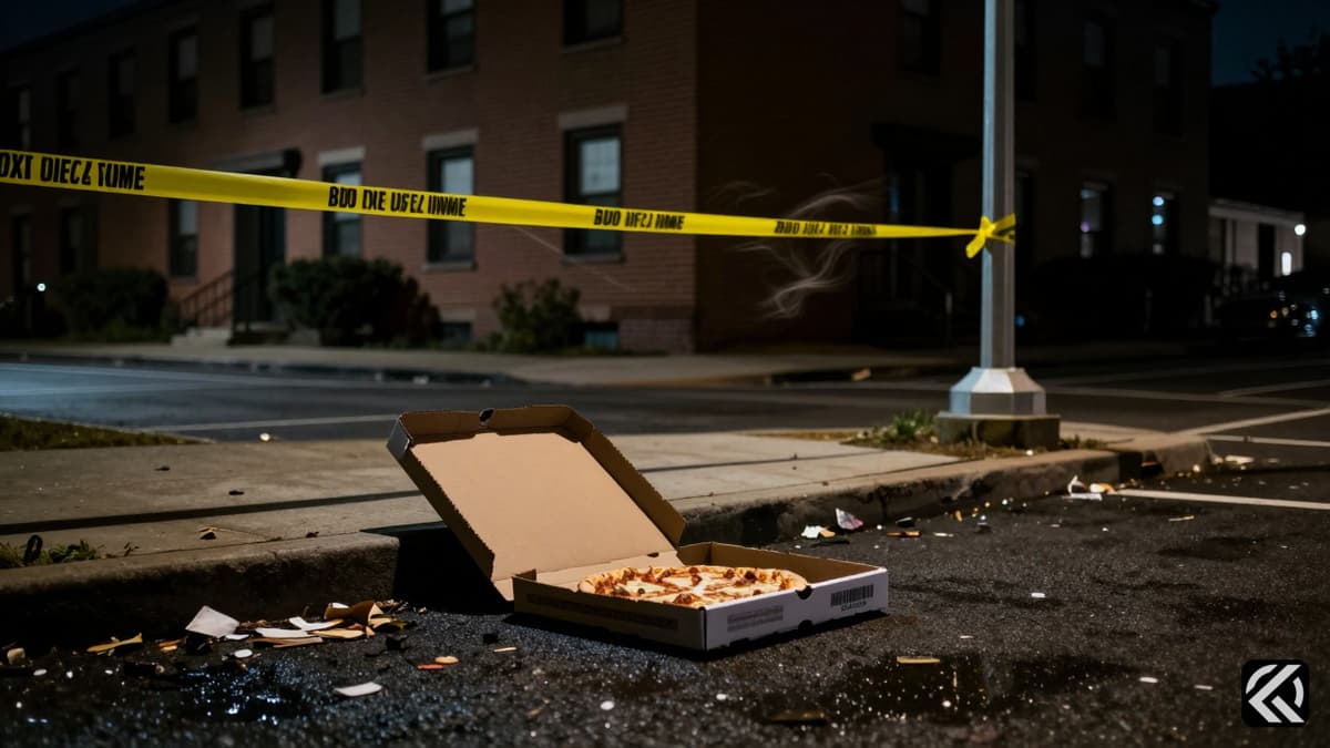 Abandoned pizza box near crime scene tape at North Philadelphia housing complex at night