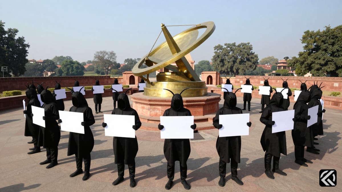 Protesters in cockroach costumes at Jantar Mantar New Delhi holding blank signs.