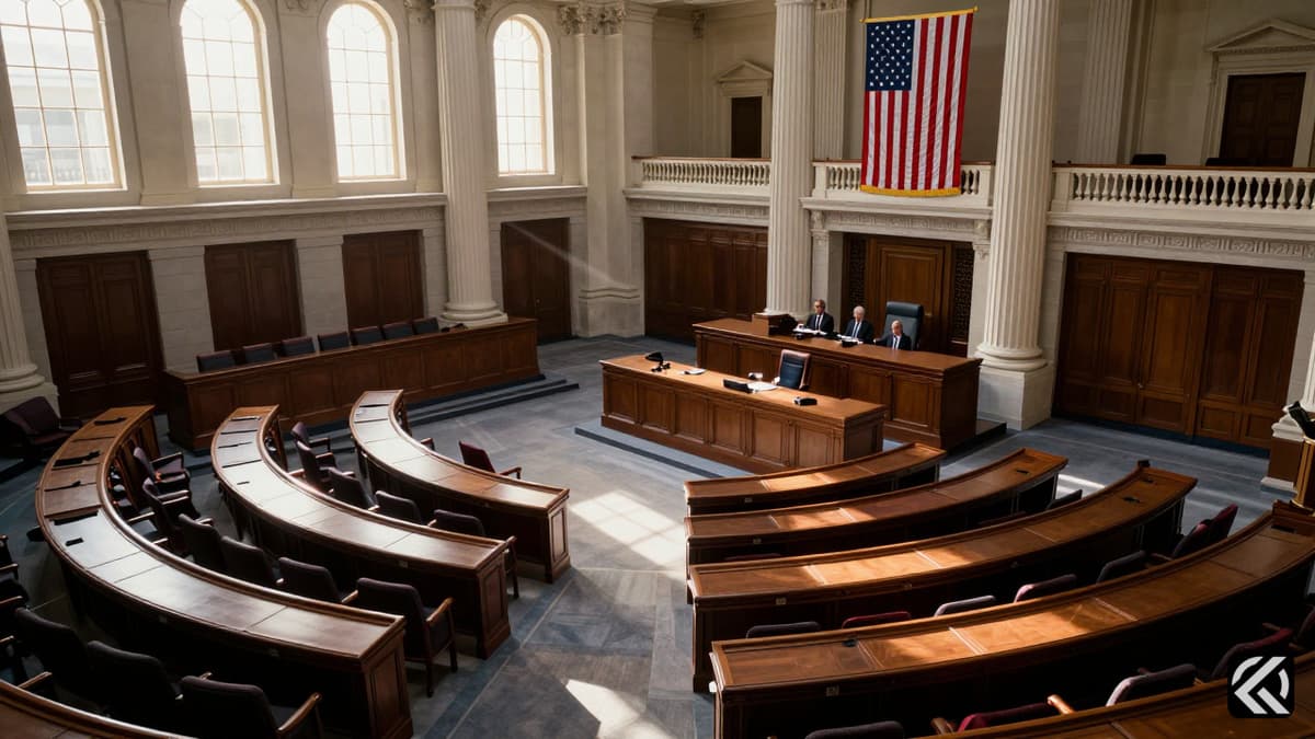 Empty rows of desks in the US Capitol chamber with an American flag in the background.