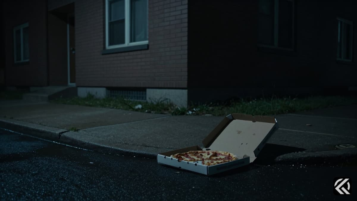 Empty street with discarded pizza box near abandoned building at night