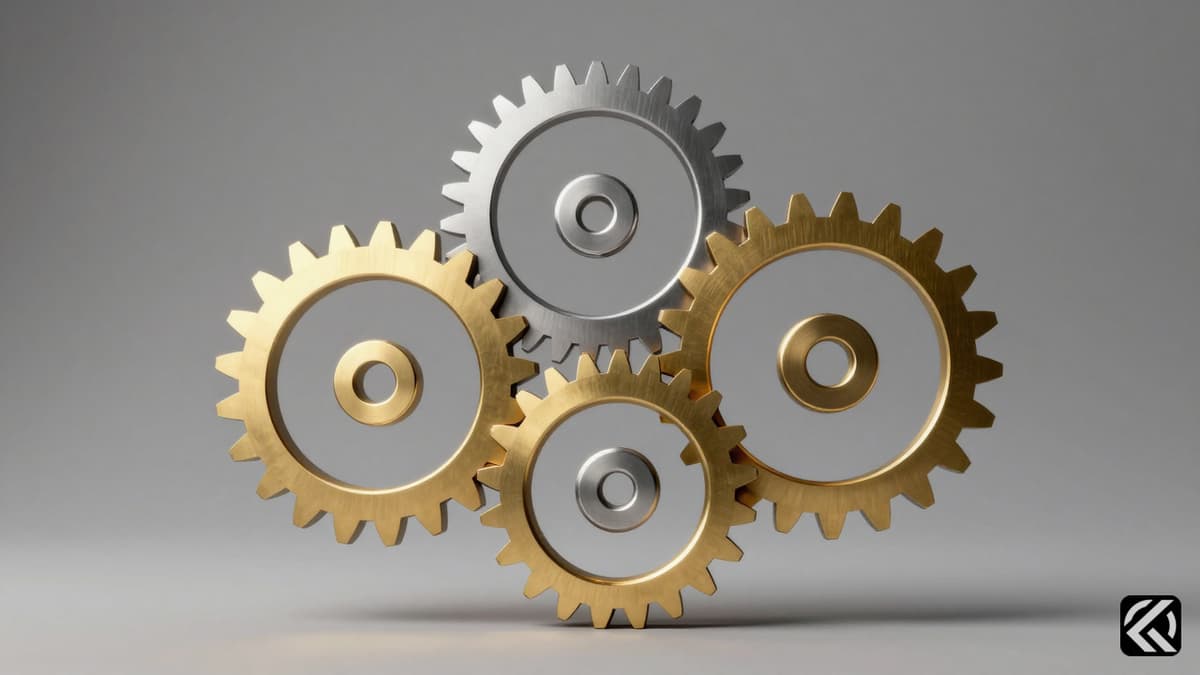Symbolic gears representing political alliance unity in grey and brass tones