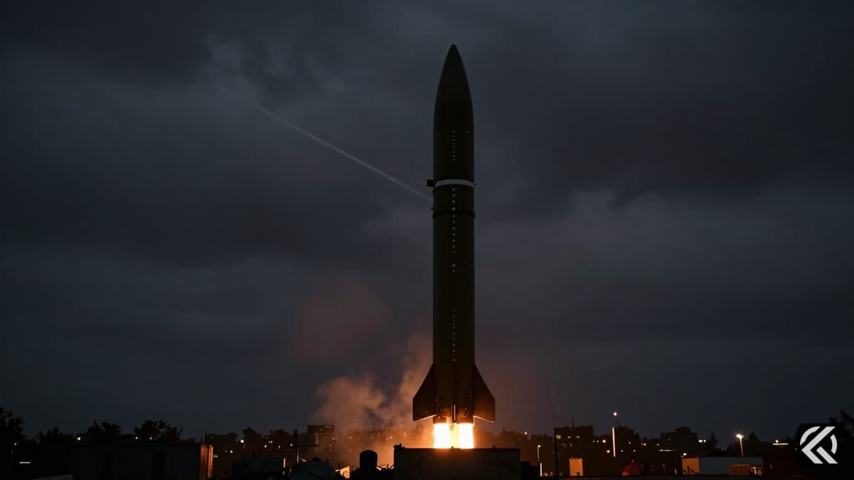 Ballistic missile launching into night sky above cityscape during military conflict