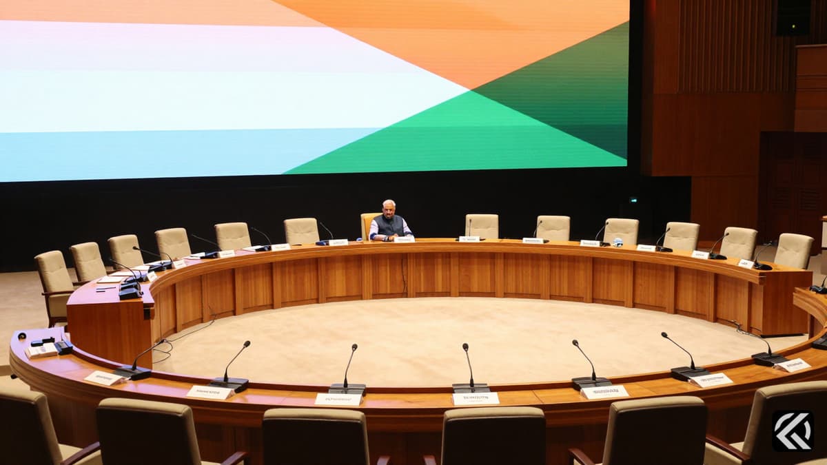 Empty conference hall with microphones set up for a major Indian political coalition meeting.
