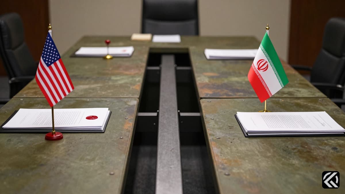 Diplomatic tables separated by a barrier with US and Iran flags representing tense negotiations.