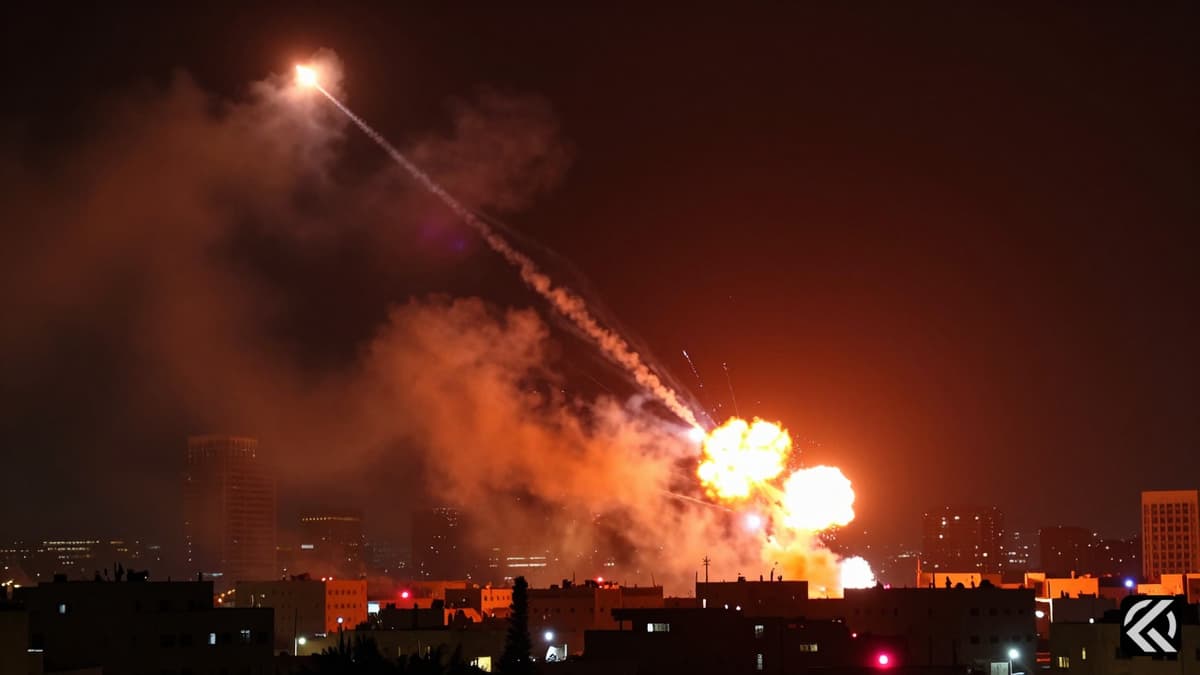 Nighttime missile barrage over a city skyline with fire and smoke.