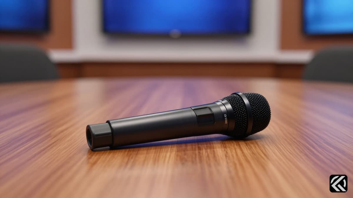 Abandoned microphone on a table symbolizing end of TV interview