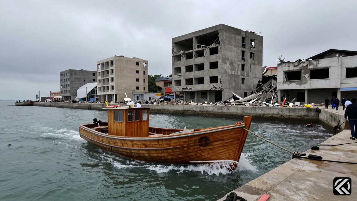 Damaged coastal buildings and a boat being secured during a tsunami evacuation in Mindanao