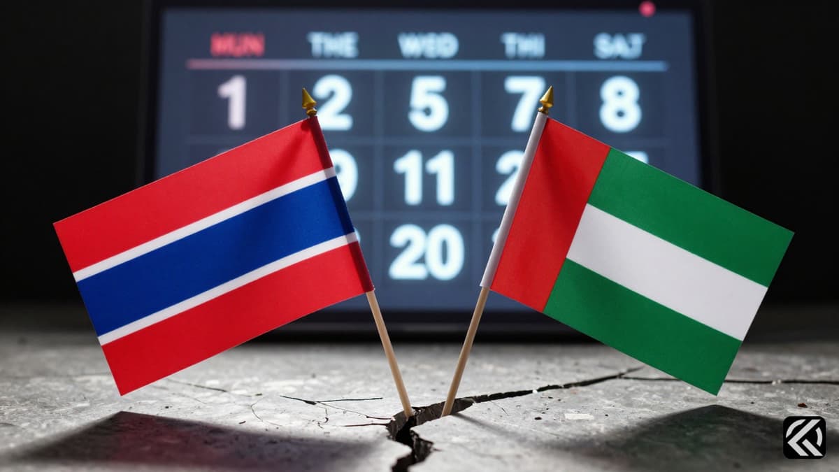 Flags hovering over a fractured table with a calendar in the background