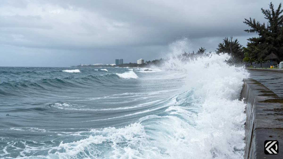 Rough ocean waves crashing against a coastal seawall in the Philippines during a tsunami event.