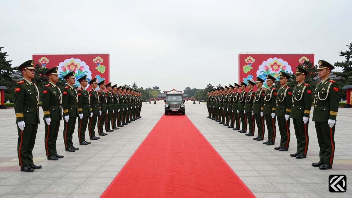 Formal military welcome ceremony at a grand square with red carpet and banners in Pyongyang.