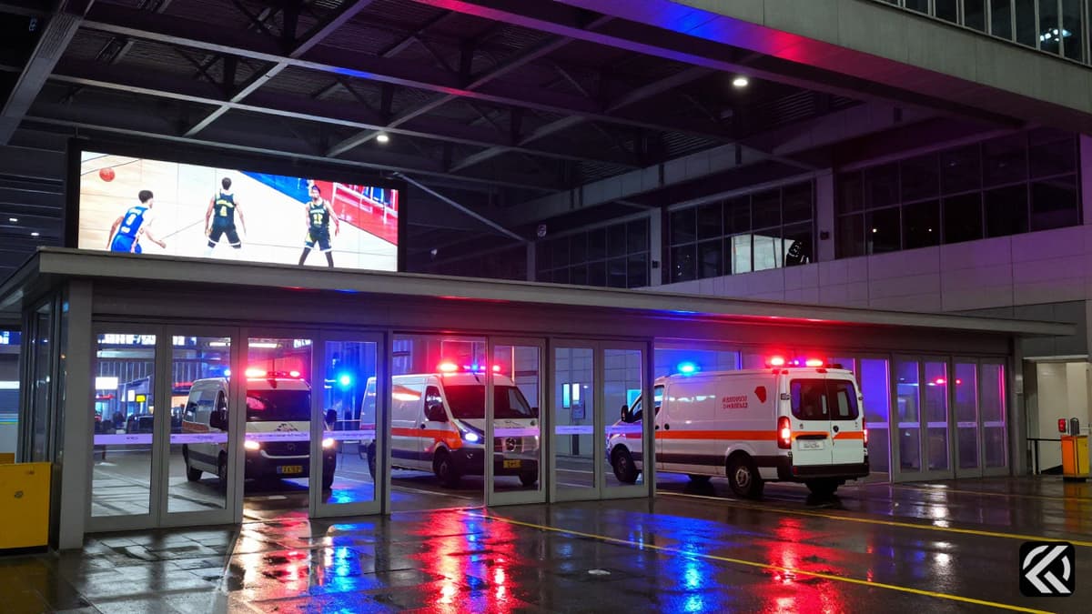 Emergency lights reflect on wet pavement outside a busy train station entrance during a security alert.