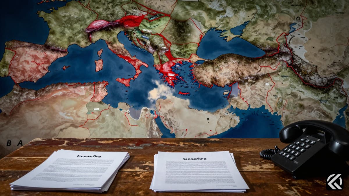 Symbolic map of the Middle East with red alert lines over a diplomatic desk.