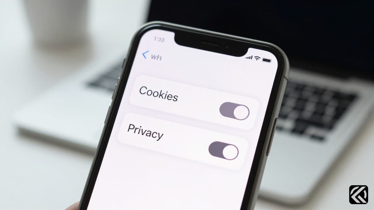 Smartphone displaying privacy settings and cookie toggles on a desk