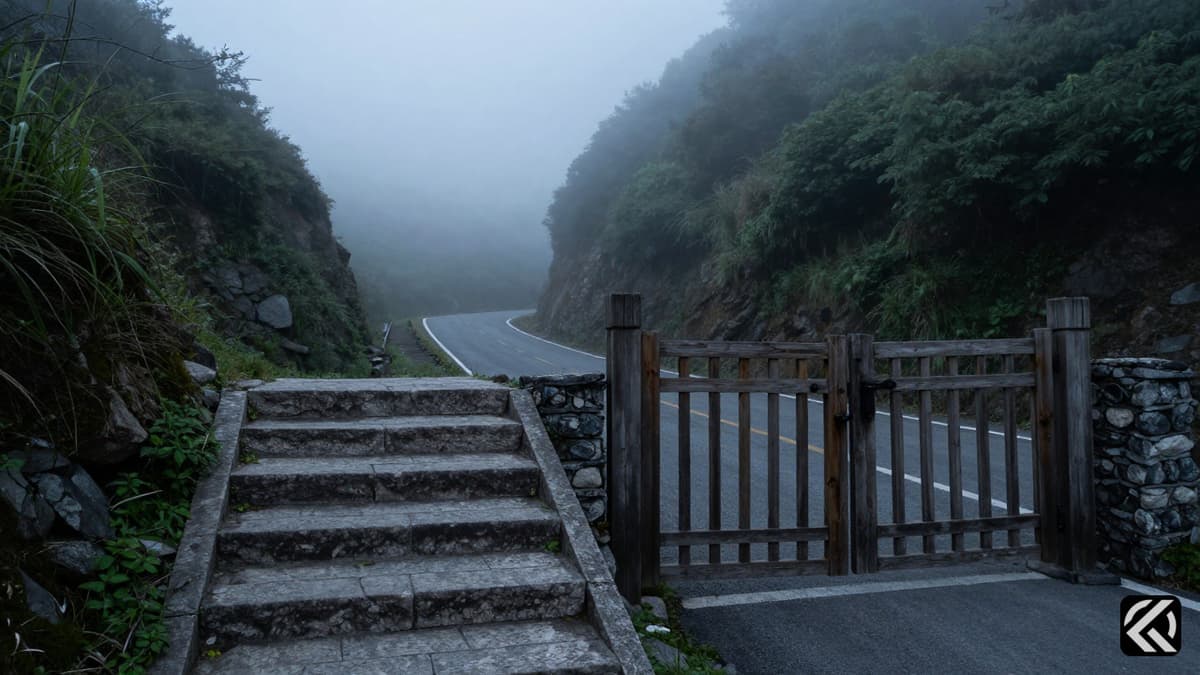 Foggy mountain border path with an open gate symbolizing uncertain diplomatic relations.