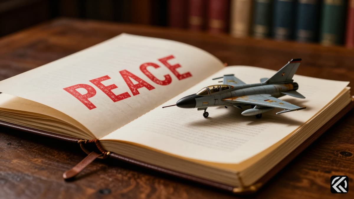 Presidential logbook with peace text and military jet model symbolizing conflicting war promises.