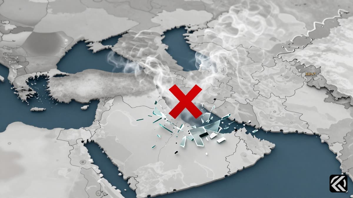 Map of West Asia with red X marking conflict zone and debris symbolizing tension.