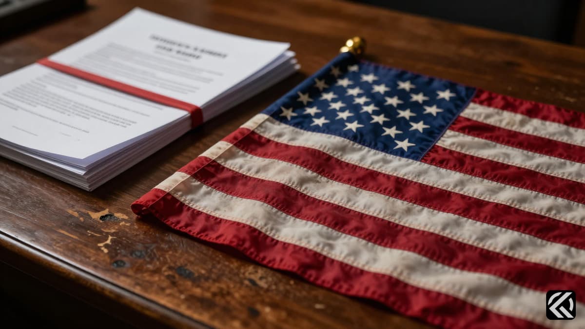 Faded US flag and legal documents on a desk symbolizing citizenship revocation
