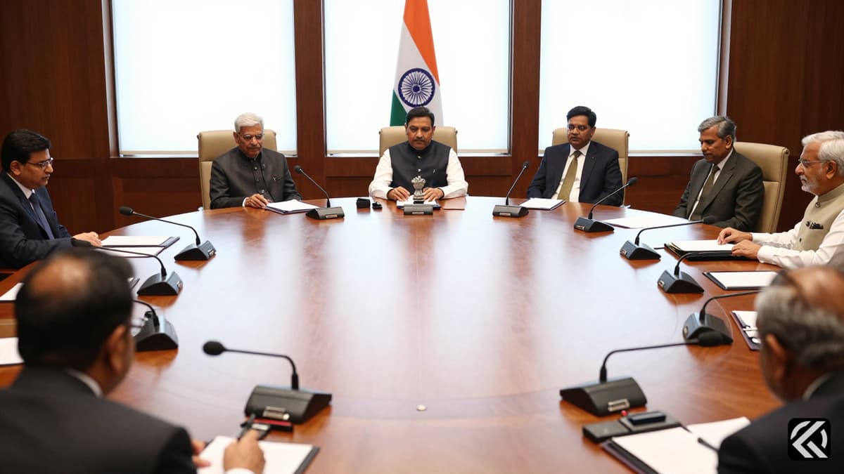 Empty chairs around a conference table in a New Delhi meeting room symbolizing political unity.