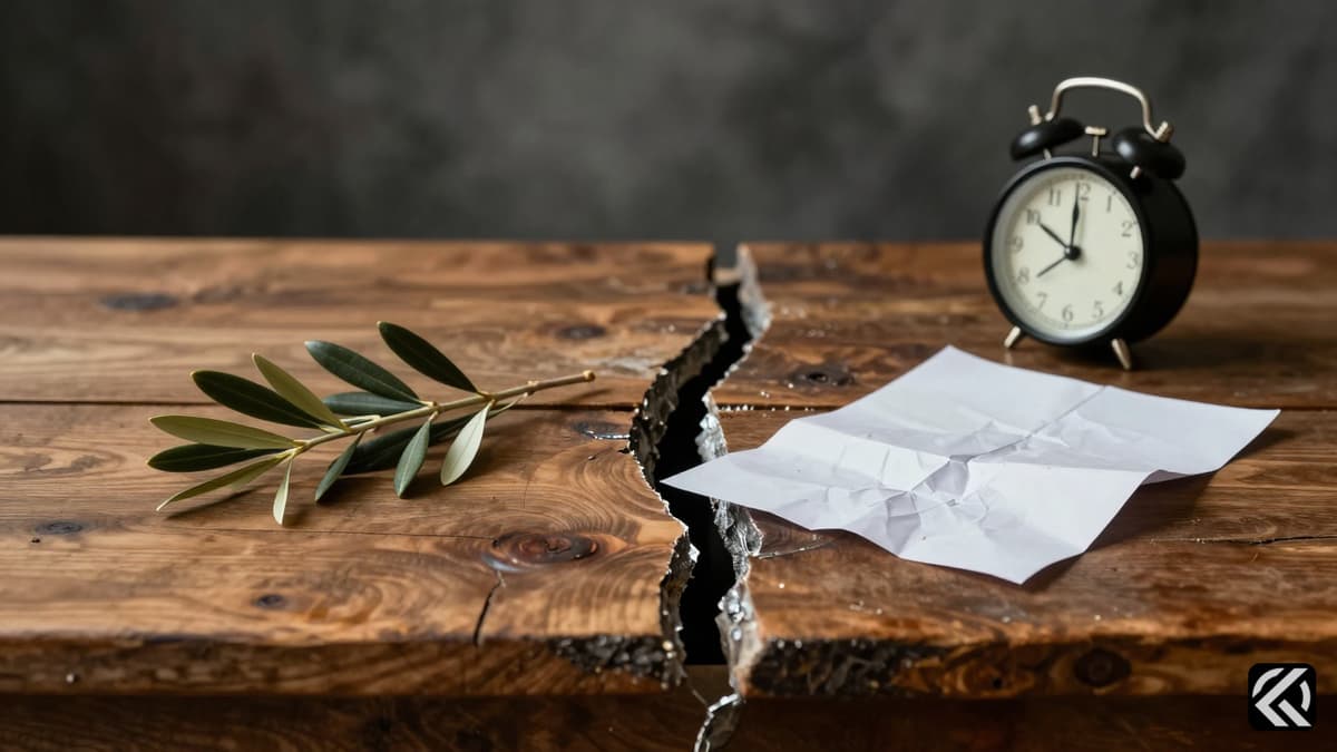 A broken wooden table with an olive branch and crumpled paper symbolizing stalled diplomacy.
