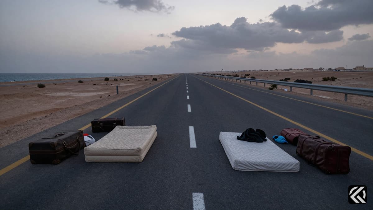 Abandoned belongings on a deserted highway in southern Lebanon following military strikes.