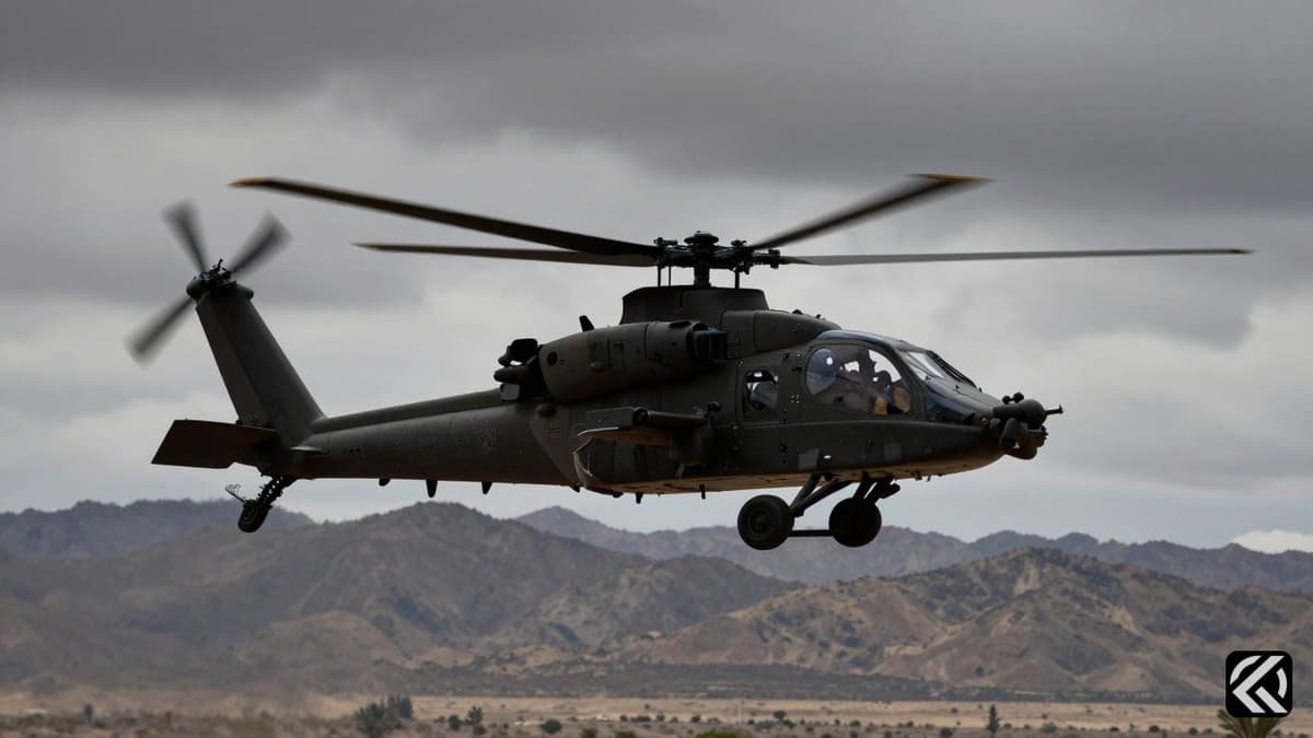An Apache helicopter hovering over a desert landscape under cloudy skies, symbolizing military tension in West Asia.