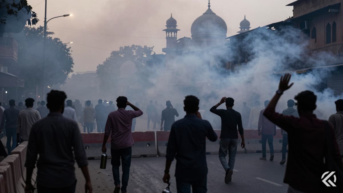 Smoke-filled street scene with barriers in Pakistan-administered Kashmir during protests.
