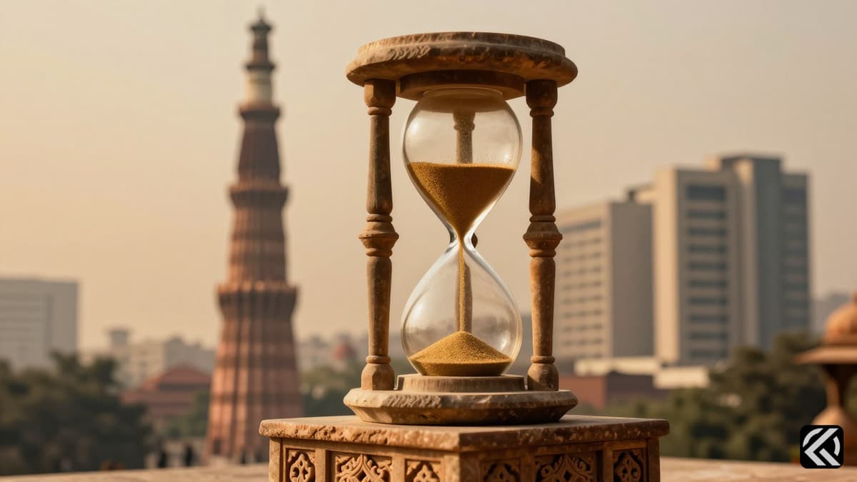 Hourglass symbolizing time in Indian political history with architectural silhouettes in background
