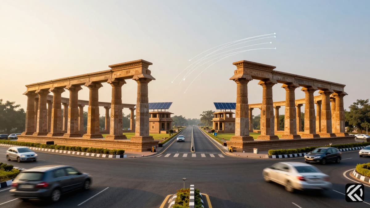 Modern infrastructure blending with cultural symbols under golden sunlight representing progress.