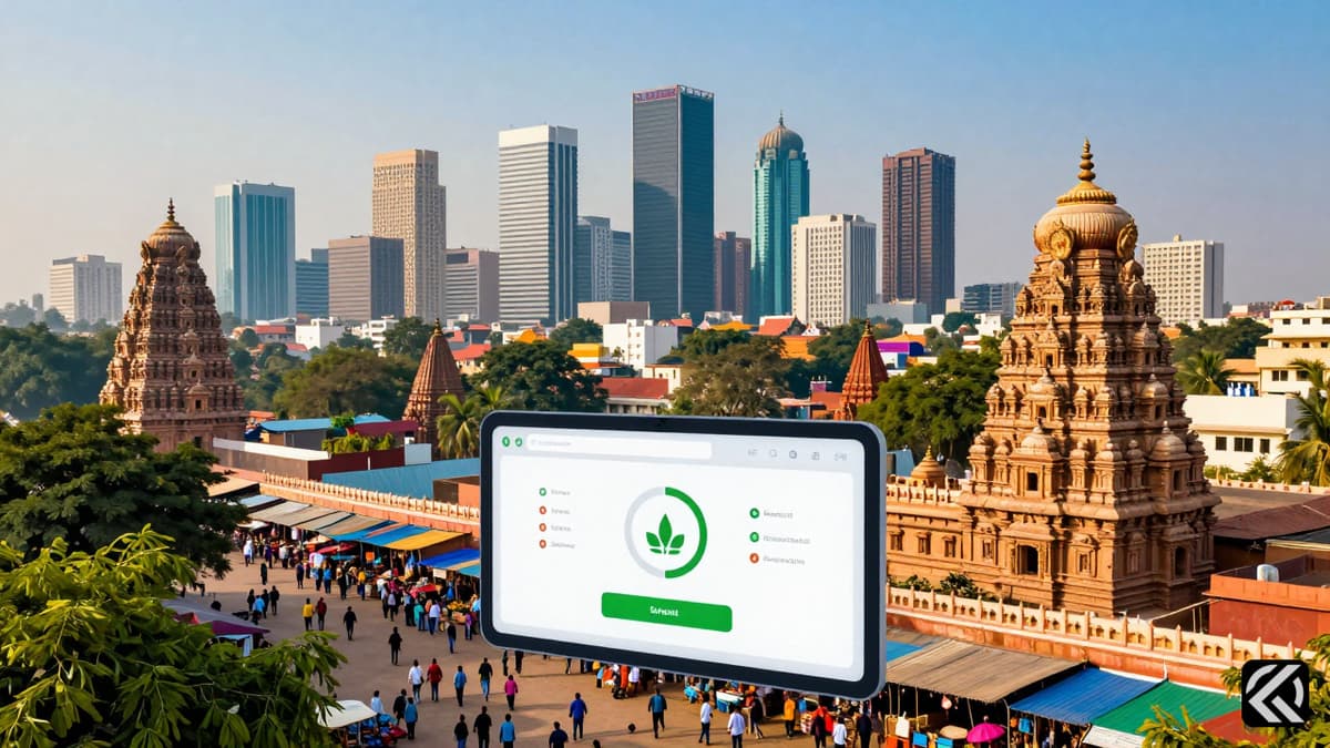 Modern Indian skyline and digital symbols representing development and cultural growth without people or text.