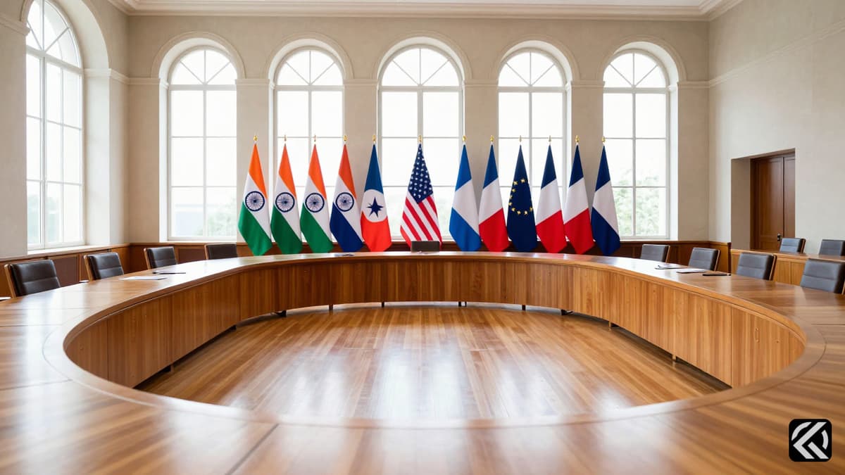 Empty diplomatic conference hall with Indian, US, and French flags symbolizing upcoming summit.
