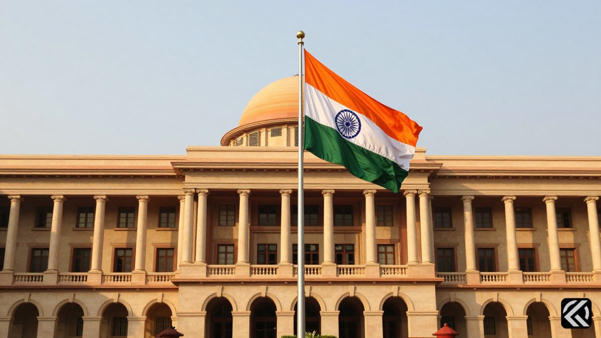 Indian flag waves before Parliament building at sunset symbolizing political governance