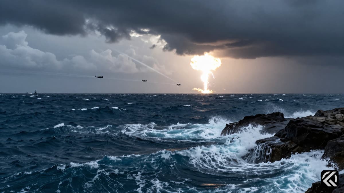Military jets fly over a turbulent sea with distant explosions illuminating the horizon near conflict zones.