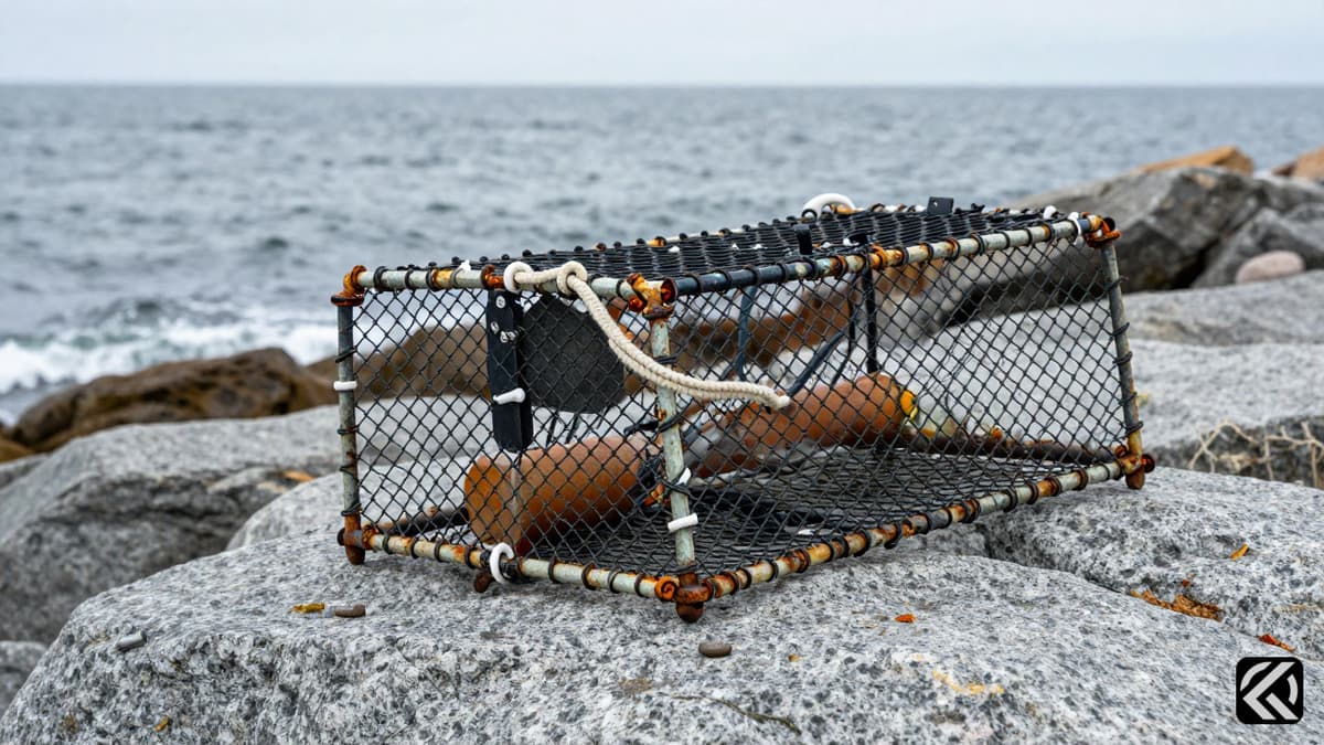 Maine coastal scene with lobster trap on rocks symbolizing political struggle
