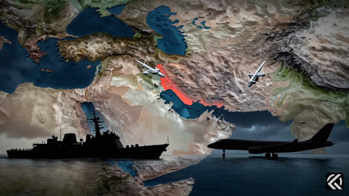 Stormy sea view with military silhouettes facing off over the Persian Gulf map symbolizing conflict