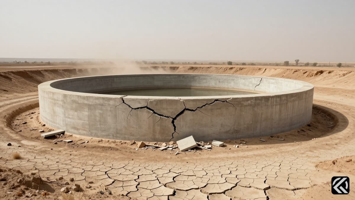 Damaged concrete water reservoir in dry Iranian landscape under dusty sky