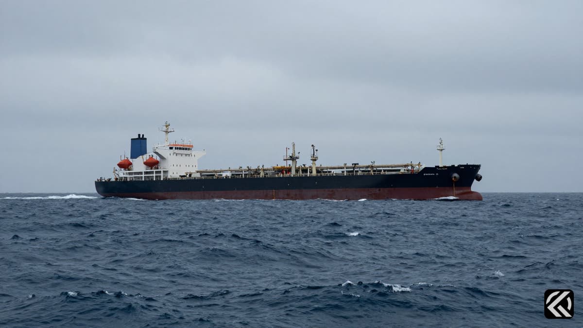 Commercial tanker navigating rough seas under gray skies.