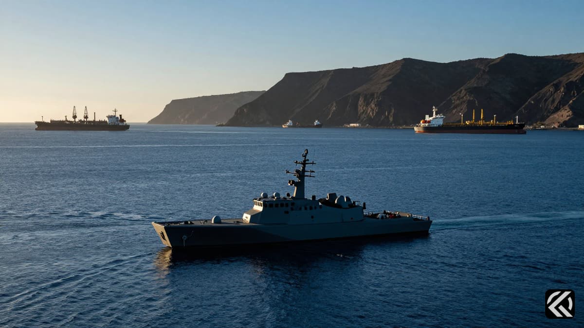 Naval drone boat on calm waters near oil tankers symbolizing regional tension.