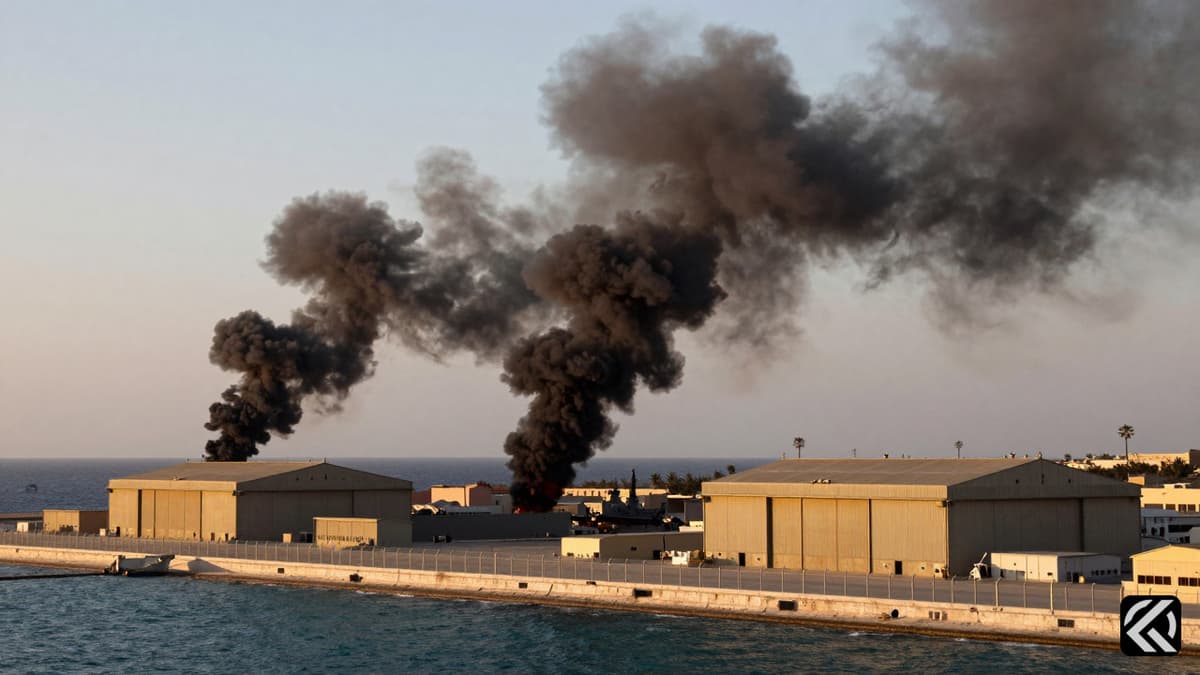 Smoke rising from a naval base after a reported military strike in the Middle East