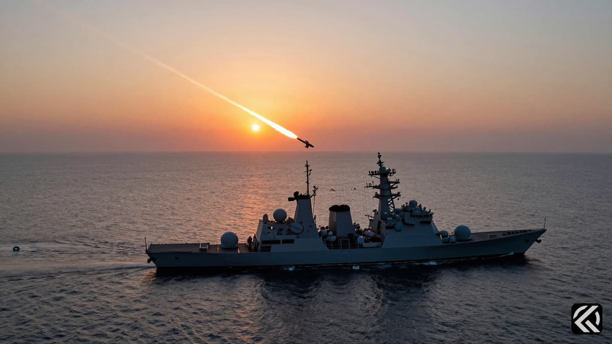 Naval vessel firing missile over the sea at dusk