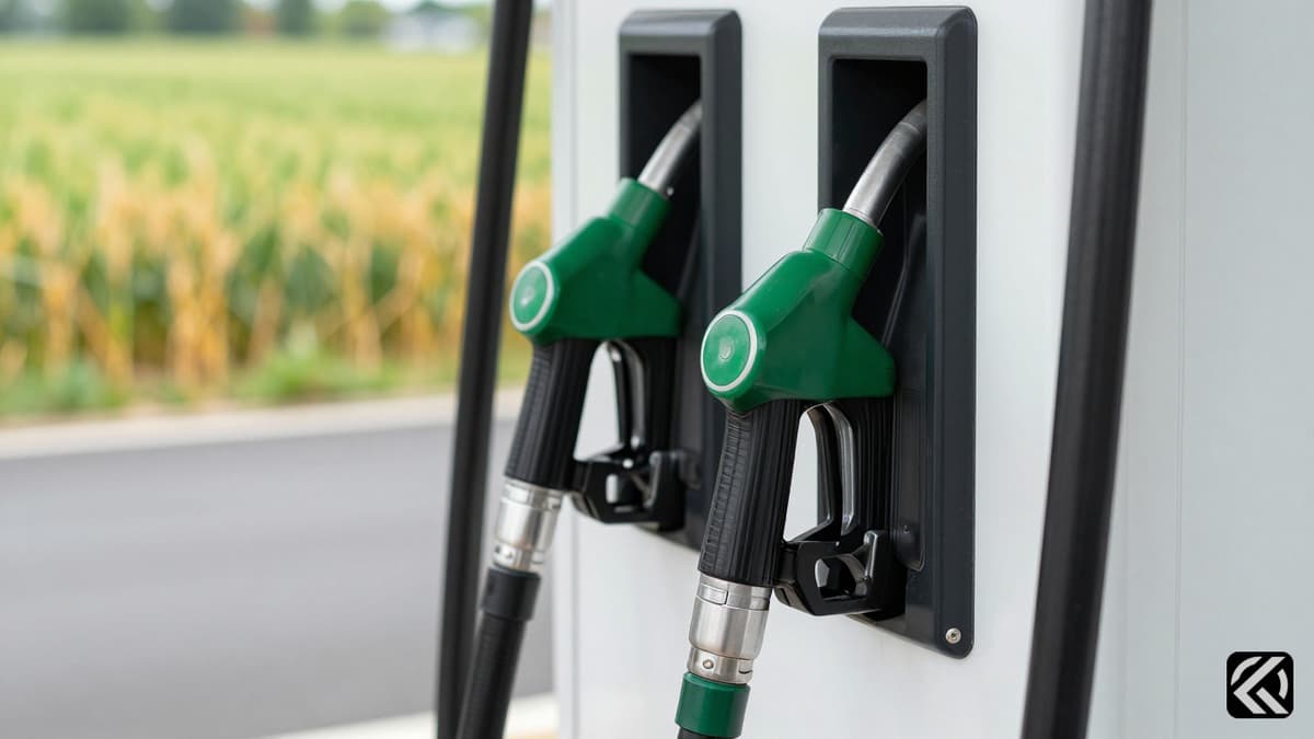 Glass fuel nozzles at a station with blurred green fields in the background representing biofuel.