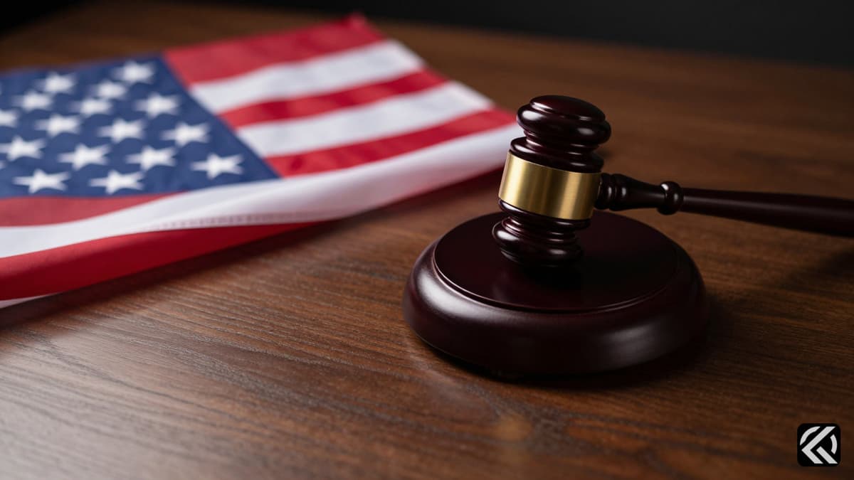 Gavel and flag on a desk symbolizing federal legal proceedings in a criminal case.