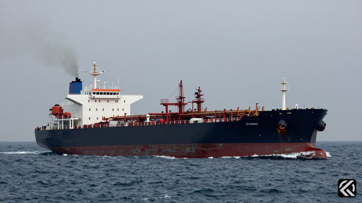 Oil tanker in rough seas with distant smoke indicating conflict zone.