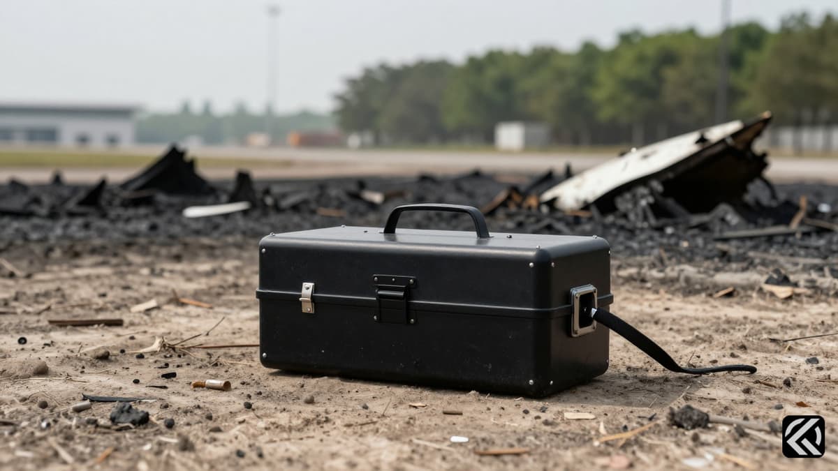 Debris from a crashed aircraft and a flight recorder on the ground during an investigation.